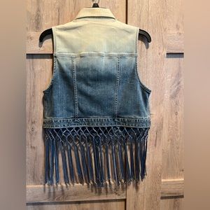 Chico's Women's Western Blazer Vest Denim Blue/White Ombre, Fringe Hem - Size M